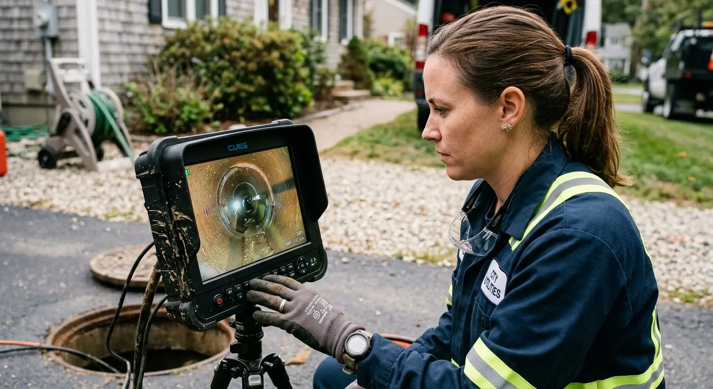 Technician reviewing sewer camera inspection footage in Coffeyville