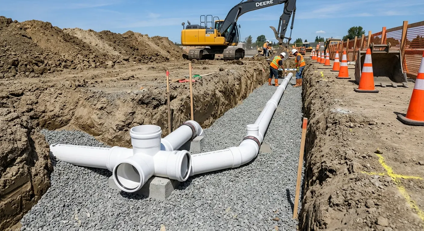 New PVC sewer pipe installation in open trench for Commercial Drain Cleaning in Coffeyville