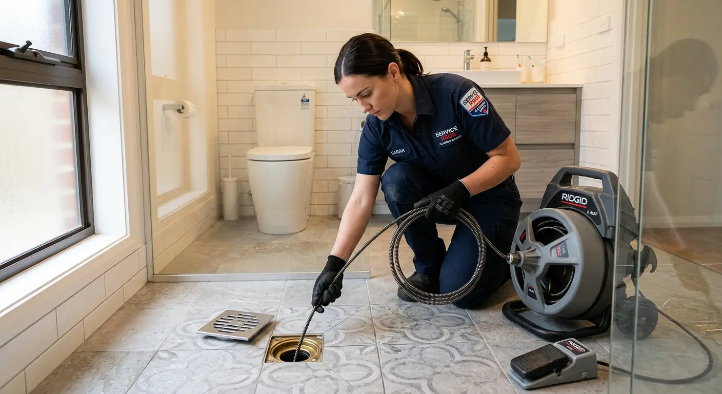 Technician clearing a bathroom floor drain for Hydro Jetting in Coffeyville